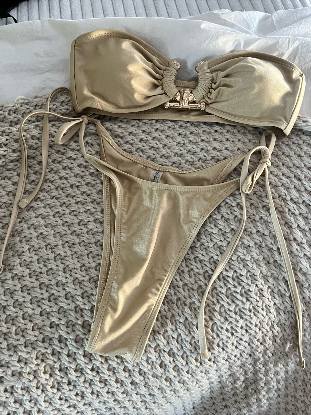 Gold Detail Strapless Side Tie Bikini Small Nude Gold Tan